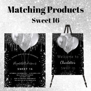 Sweet 16 black silver glitter balloons invitation postcard