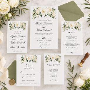 White Garden Roses Wedding Invitation