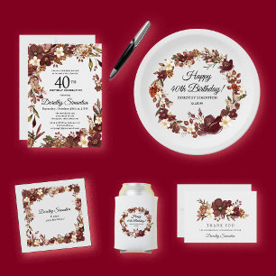 Assiettes En Carton Bourgogne rouge mauve automne fleurs 40e anniversa