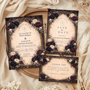 Dark Gothic Skull Floral Wedding Invitation