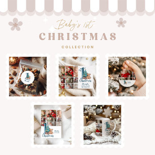 2 Photo Blue Teddy Baby 1st Christmas Holiday Card