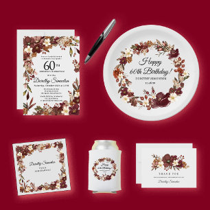 Burgundy Mauve Ivory Fall Floral 60th Birthday Invitation