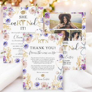 She Earned It Wildflower Gold RN Graduation Party Invitation
