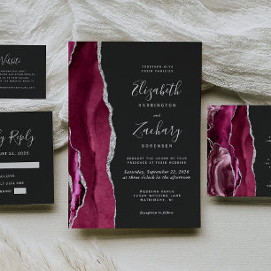 Modern Burgundy Silver Agate Dark Wedding RSVP Card