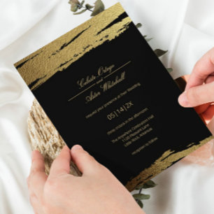Modern Elegant Black & Faux Gold Foil Paint Stroke Invitation