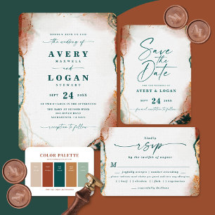 Modern Abstract Teal Copper & Gold Fall Wedding Invitation