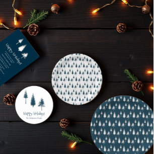 Navy Blue Winter Trees Paper Plate