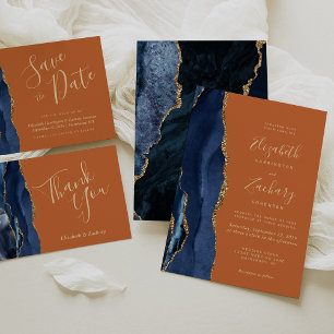 Navy Blue Gold Agate Burnt Orange Wedding Invitation