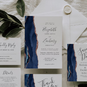 Carte D'accompagnement Modern Navy Blue Rose Gold Agate Mariage Détails