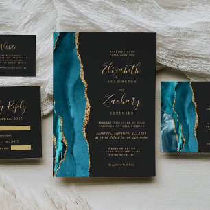 Modern Teal Gold Agate Dark Wedding Invitation