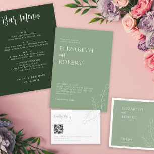 Floral Sage Wedding Script Elegant Minimal Simple All In One Invitation