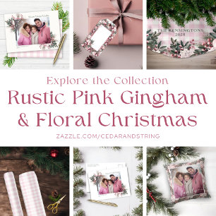 Rustic Pink Gingham Floral Christmas Holiday Brushed Polyester Tree Skirt