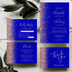 Rose Gold Glitter Royal Blue Wedding Thank You Card