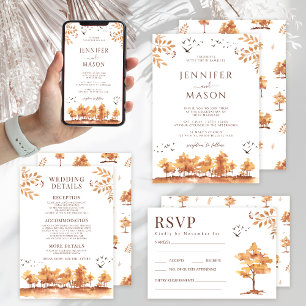 Invitation Classic Brown automne paysage Feuille Mariage QR