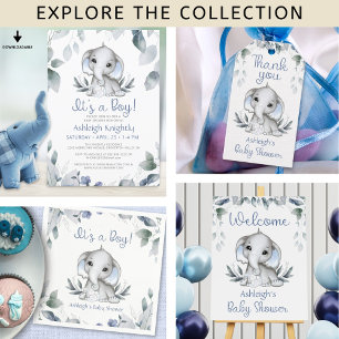 Elephant Blue Boy Baby Shower Watercolor Greenery Invitation