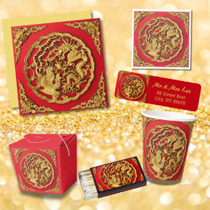 Gold Red Dragon Phoenix Chinese Wedding Favour Wrapping Paper