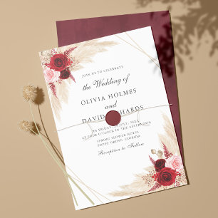Burgundy and Pampas Grass Wedding Invitation