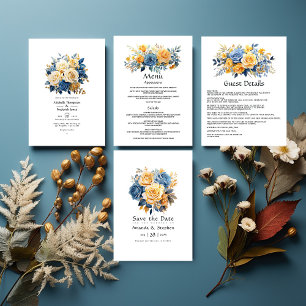 Invitation Mariage floral bleu et or