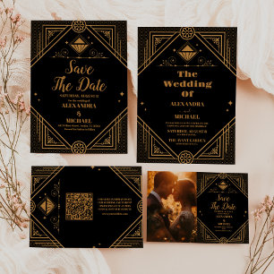 Black Gold Elegant Geometric Art Deco Wedding  Save The Date