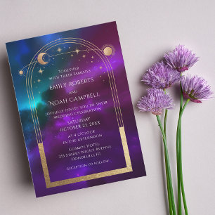 Cosmic Purple Teal Gold Sun Moon Astronomy Wedding All In One Invitation