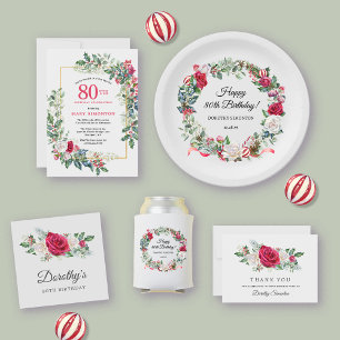 Red White Rose Floral Holly 80th Birthday Party Invitation