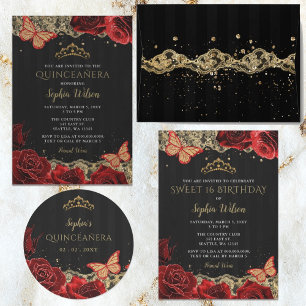 Budget Red Roses Black Gold Quinceañera Invitation