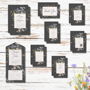 Delicate Boho Wildflowers Charcoal Wedding Save The Date