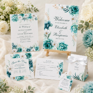 Teal Wildflower Wedding   Off White Boho Floral Invitation