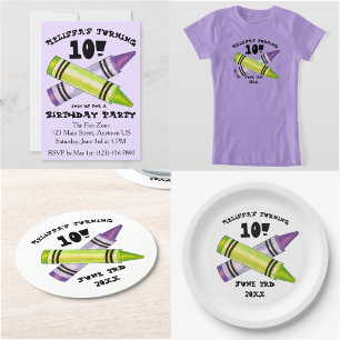 Invitation Green Purple Artist Crayons Enfant fête d'annivers