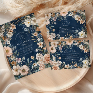 Navy Blue Wildflower Meadow Garden Graduation  Invitation