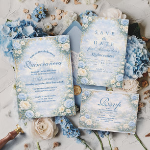 Blue Floral Gold Garden Quinceañera Invitation