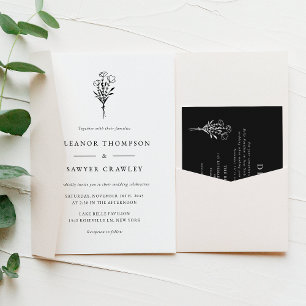 Invitation Carte Postale Bouquet floral minimaliste noir QR Code Mariage
