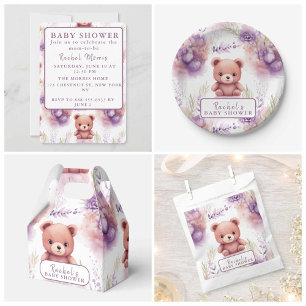 Purple Teddy Bear and Flowers - Baby Shower Paper Plate