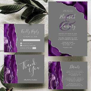 Purple Silver Agate Corners Grey Wedding Invitation