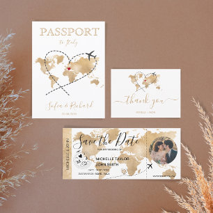 Save the Date Passport Gold World Map Invitation