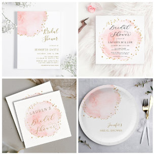 Blush Floral Gold Glitter Dots Bridal Shower Paper Plate