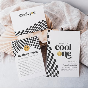 Cool One Boy's First Birthday Chequered Retro Invitation