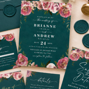 Invitation Mariage Floral Chic Profond Vert de Teal