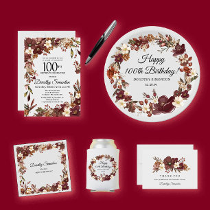 Burgundy Mauve Ivory Fall Floral 100th Birthday Invitation