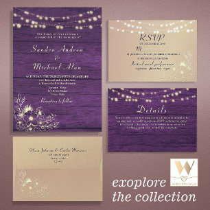 Purple Rustic Wood String Lights Wedding QR Code Invitation