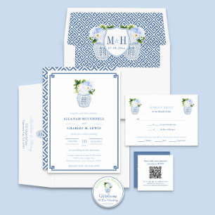 Preppy Floral Blue & White Ginger Jar Wedding Invitation