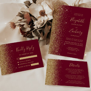 Burgundy Red Gold Glitter Edge Wedding Details Enclosure Card