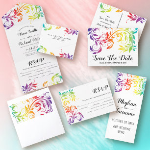 Rainbow colours scroll leaf lesbian winter wedding Tri-Fold invitation