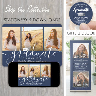 3 Photo Collage Navy Blue & White Graduation Party Invitation