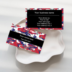 Camouflage, Blue White Red Grey, Military, Army Business Card