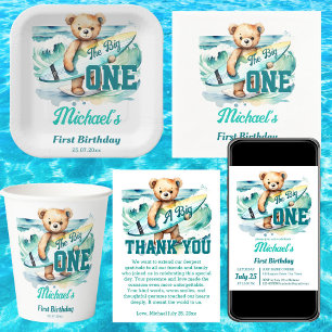 The big one surfing birthday party teddy surfboard invitation