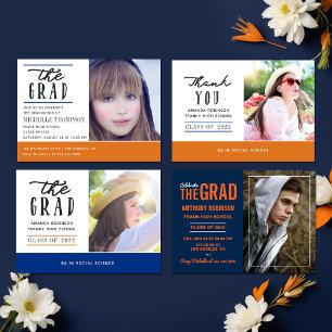 Orange and Blue Graduation Photo Thank You Card