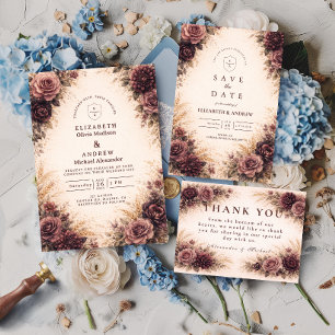 Moody Burgundy Floral Autumn Wedding Invitation