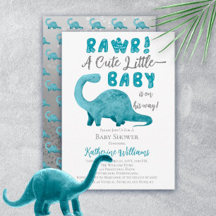 Rawr Blue Dinosaur QR Code Baby Shower Invitation