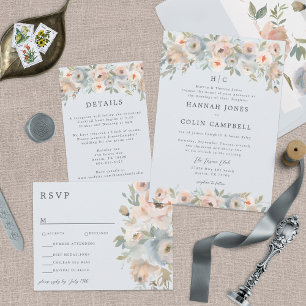 Cottage Garden Pastel Blue Peach Coral All In One  All In One Invitation